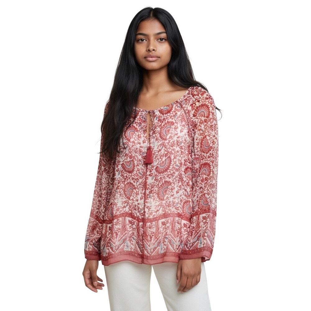 Tory Burch Red and White Printed Paisley Boho Danica 100% Silk Top-size 6